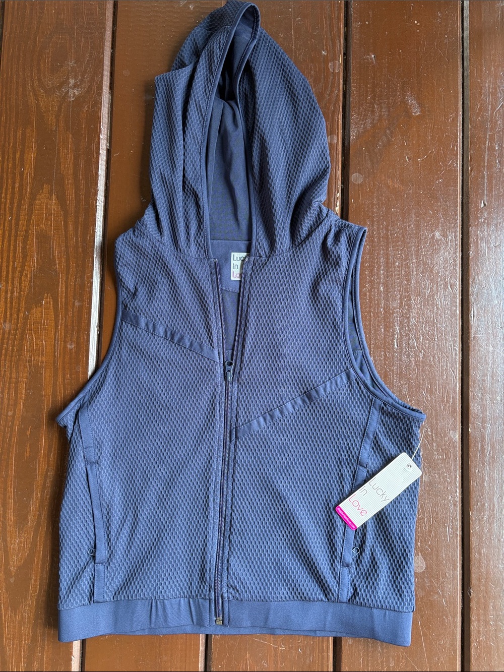 Lucky in Love Hooded Sleeveless Zip Vest in Navy with two front pockets NWT